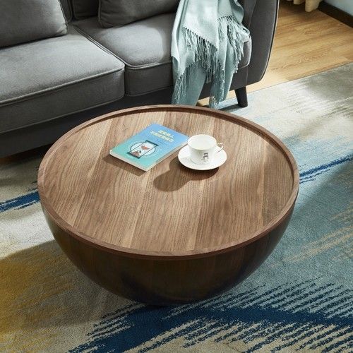 Round Drum Wood Coffee Table With Storage Walnut Bowl Shaped With Tray Style  B | Coffee Table, Round Drum Coffee Table, Drum Coffee Table Within Drum Shaped Coffee Tables (View 6 of 20)