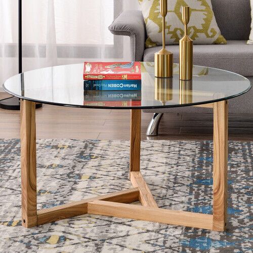 Round Glass Coffee Table Cocktail Table With Tempered Glass Top (natural) |  Ebay With Tempered Glass Top Coffee Tables (View 14 of 20)