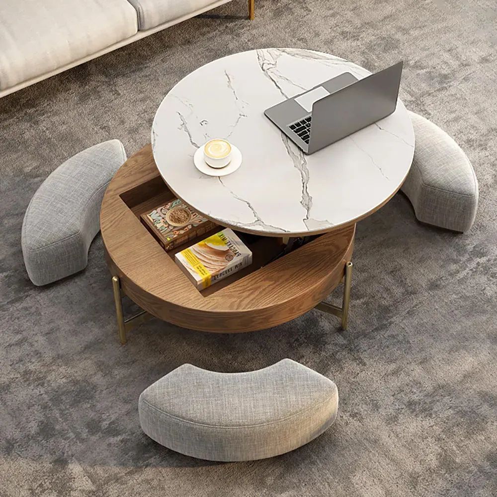 Round Lift Top White & Walnut Coffee Table With Storage White &  Walnut Homary In Circular Coffee Tables (View 12 of 20)
