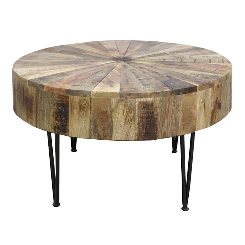 Round Mango Wood Coffee Table With Metal Hairpin Legs | At Home Within Metal And Wood Coffee Tables (Gallery 19 of 20)