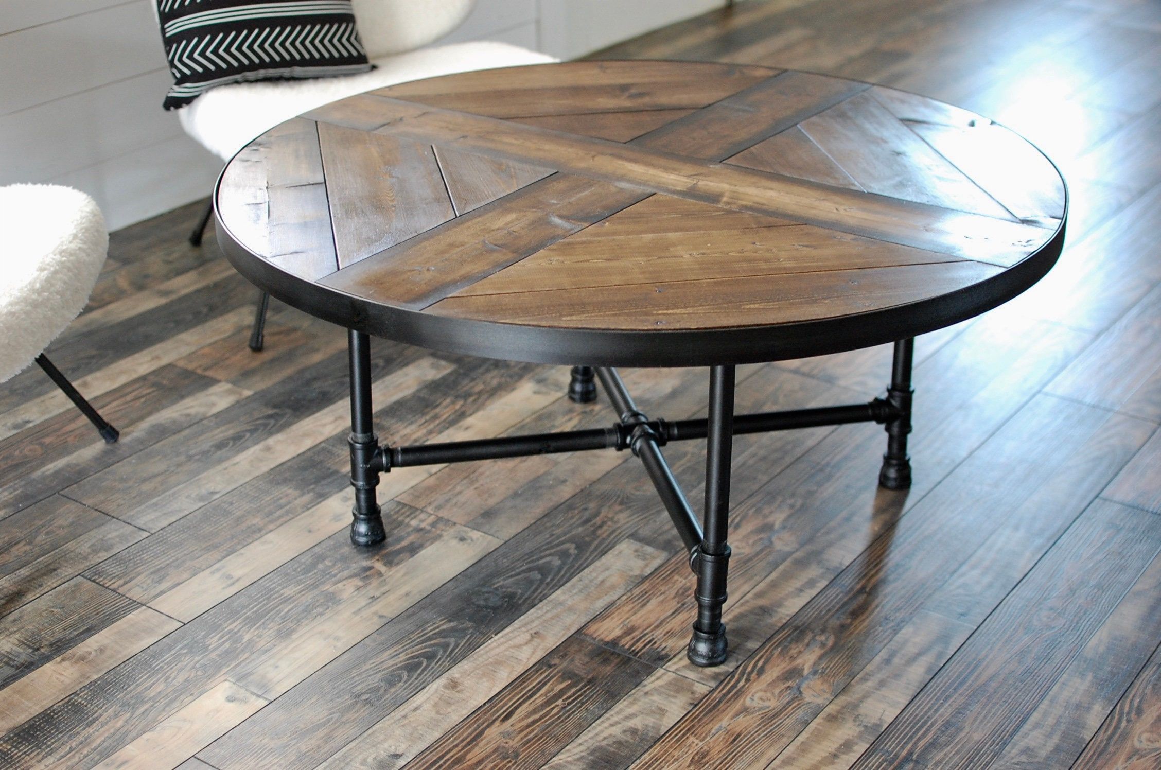 Round Wood Coffee Table With Industrial Pipe Legs Wood Coffee – Etsy Intended For Round Industrial Coffee Tables (View 3 of 20)