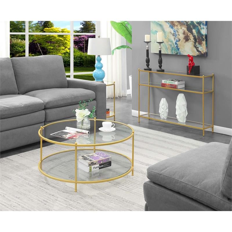 Royal Crest Two Tier Round Gold Metal Coffee Table With Clear Glass Shelves  | Cymax Business Intended For 2 Tier Metal Coffee Tables (View 3 of 20)