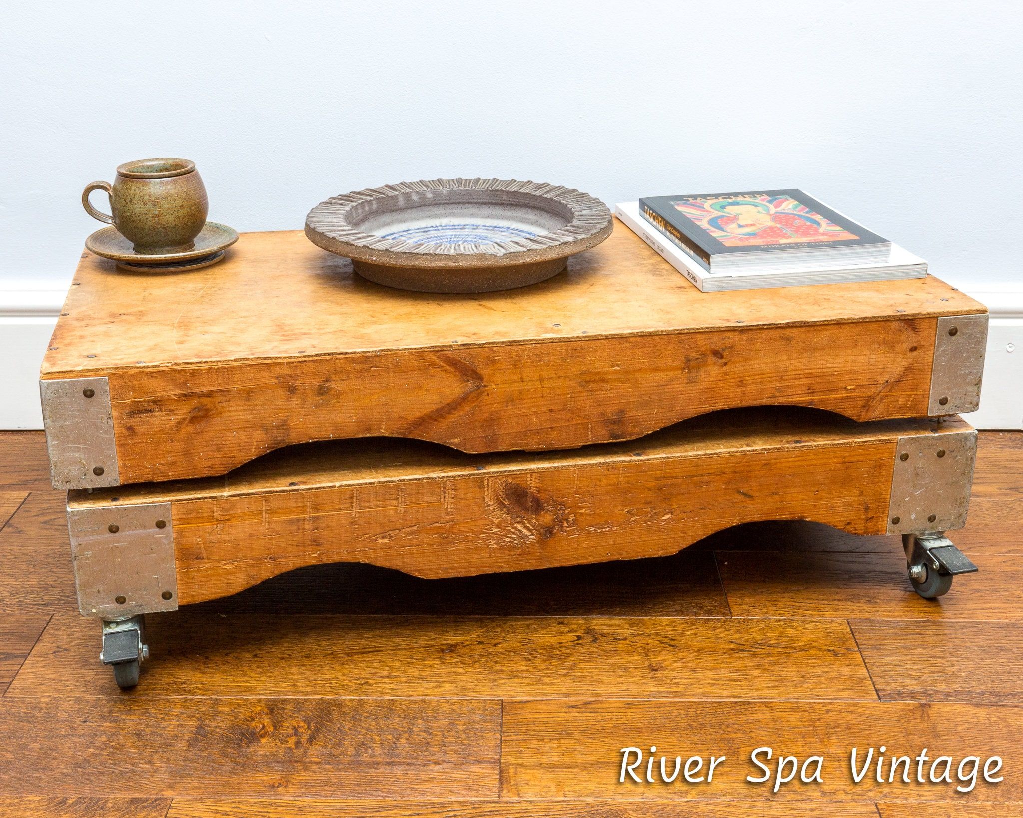 Rustic Industrial Salvage Low Pine Cart Coffee Table On Wheels – Etsy Throughout Reclaimed Vintage Coffee Tables (View 15 of 20)