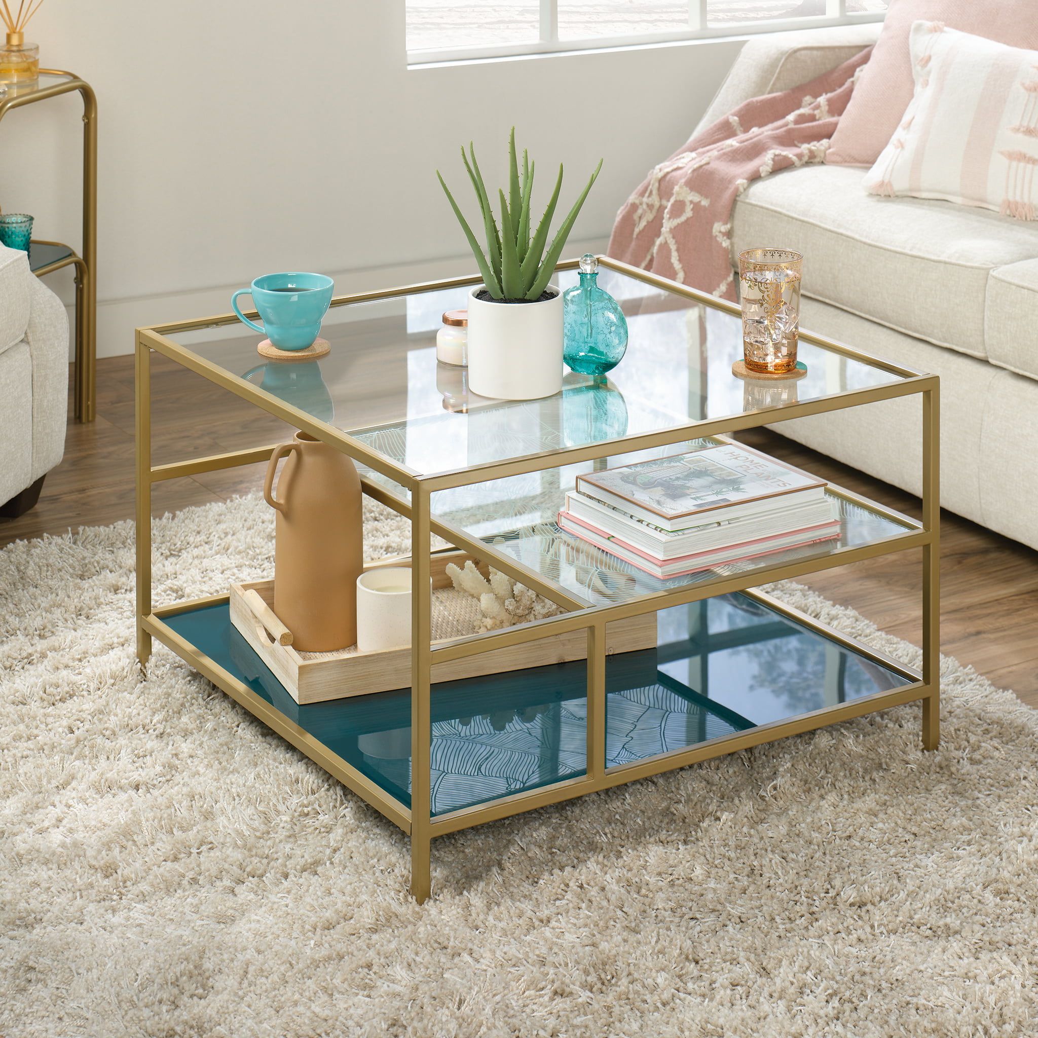 Sauder Coral Cape Square Glass Coffee Table With Shelves, Satin Gold/clear  – Walmart Regarding Satin Gold Coffee Tables (View 3 of 20)