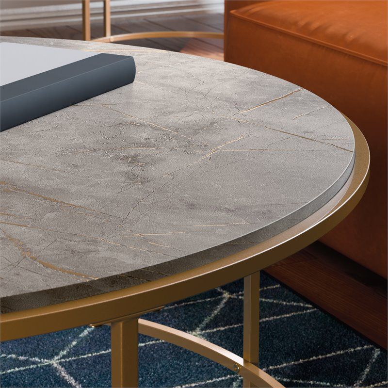 Sauder International Lux Metal Frame Round Coffee Table In Gold Satin/deco  Stone | Bushfurniturecollection In Deco Stone Coffee Tables (View 4 of 20)