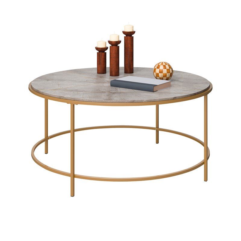 Sauder International Lux Metal Frame Round Coffee Table In Gold Satin/deco  Stone | Bushfurniturecollection With Deco Stone Coffee Tables (View 11 of 20)