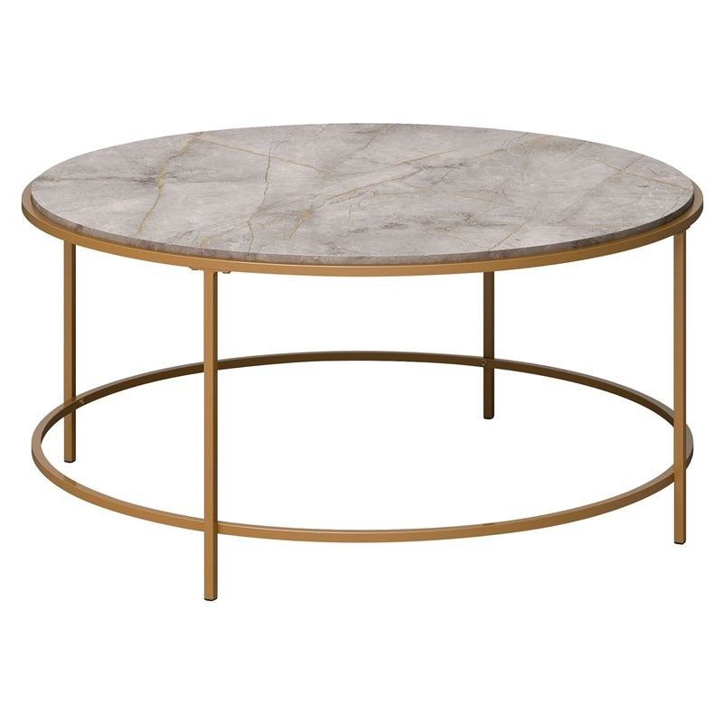 Sauder International Lux Metal Frame Round Coffee Table In Gold Satin/deco  Stone | Homesquare With Regard To Deco Stone Coffee Tables (View 5 of 20)
