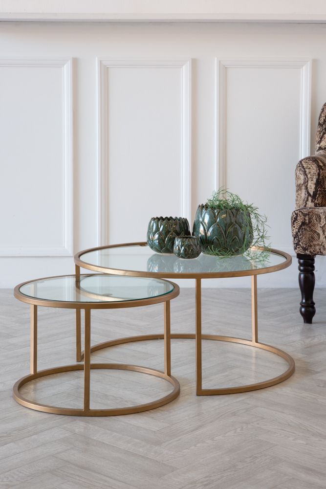 Set Of 2 Circular Glass & Brass Coffee Tables | Rockett St George Intended For Circular Coffee Tables (View 9 of 20)