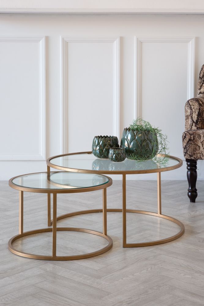 Set Of 2 Circular Glass & Brass Coffee Tables | Rockett St George Throughout Glass Coffee Tables (View 15 of 20)