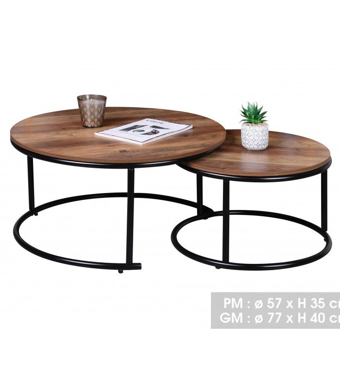 Set Of 2 Round Coffee Tables Black Metal And Mdf Throughout Metal And Wood Coffee Tables (View 16 of 20)