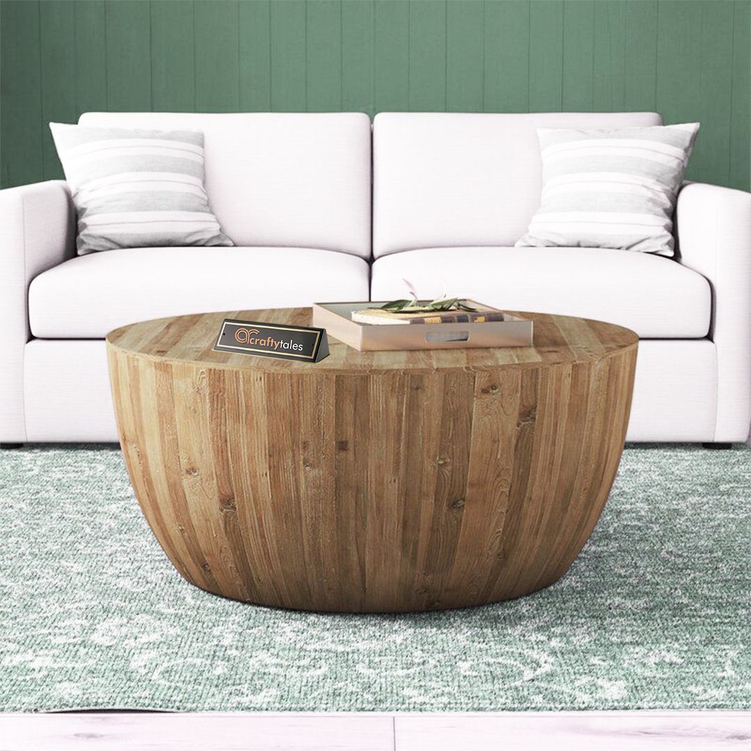 Shop Online The Solid Round Wood Drum Shaped Coffee Table From Panchayat  Udsar Intended For Drum Shaped Coffee Tables (View 9 of 20)