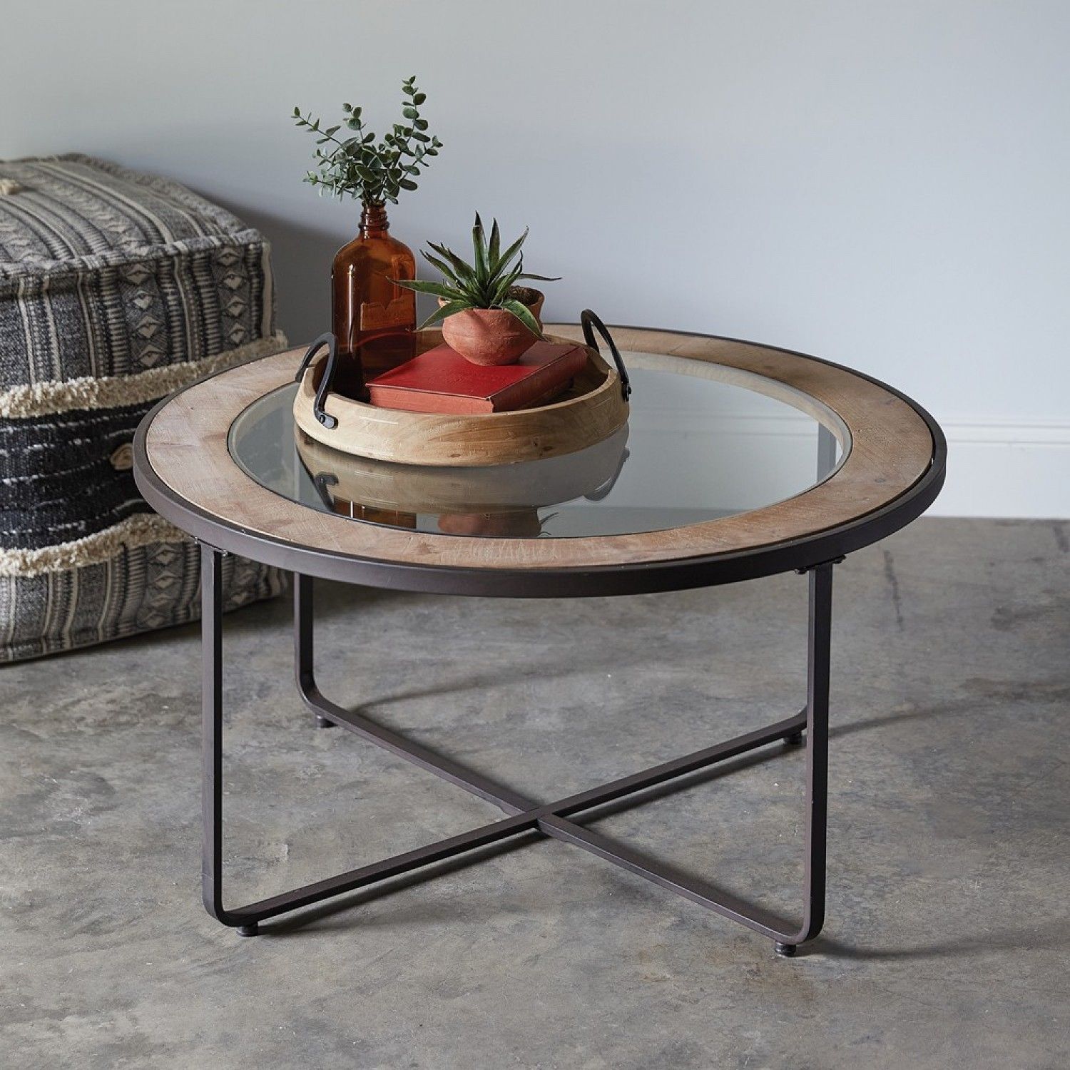 Small Industrial Round Coffee Table With Wood & Glass Top Intended For Round Industrial Coffee Tables (View 17 of 20)