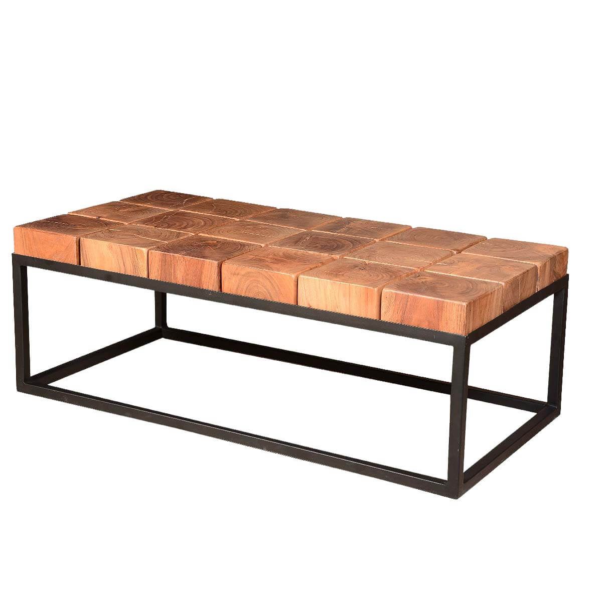 Solid Acacia Wood Block Contemporary Iron Base Rustic Coffee Table Inside Acacia Wood Coffee Tables (View 14 of 20)