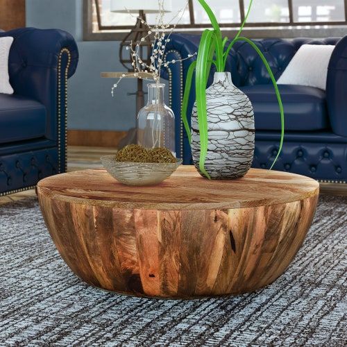 Solid Wood Drum Coffee Table Mango Wood 90x90x30 – Etsy Uk Pertaining To Drum Shaped Coffee Tables (View 10 of 20)