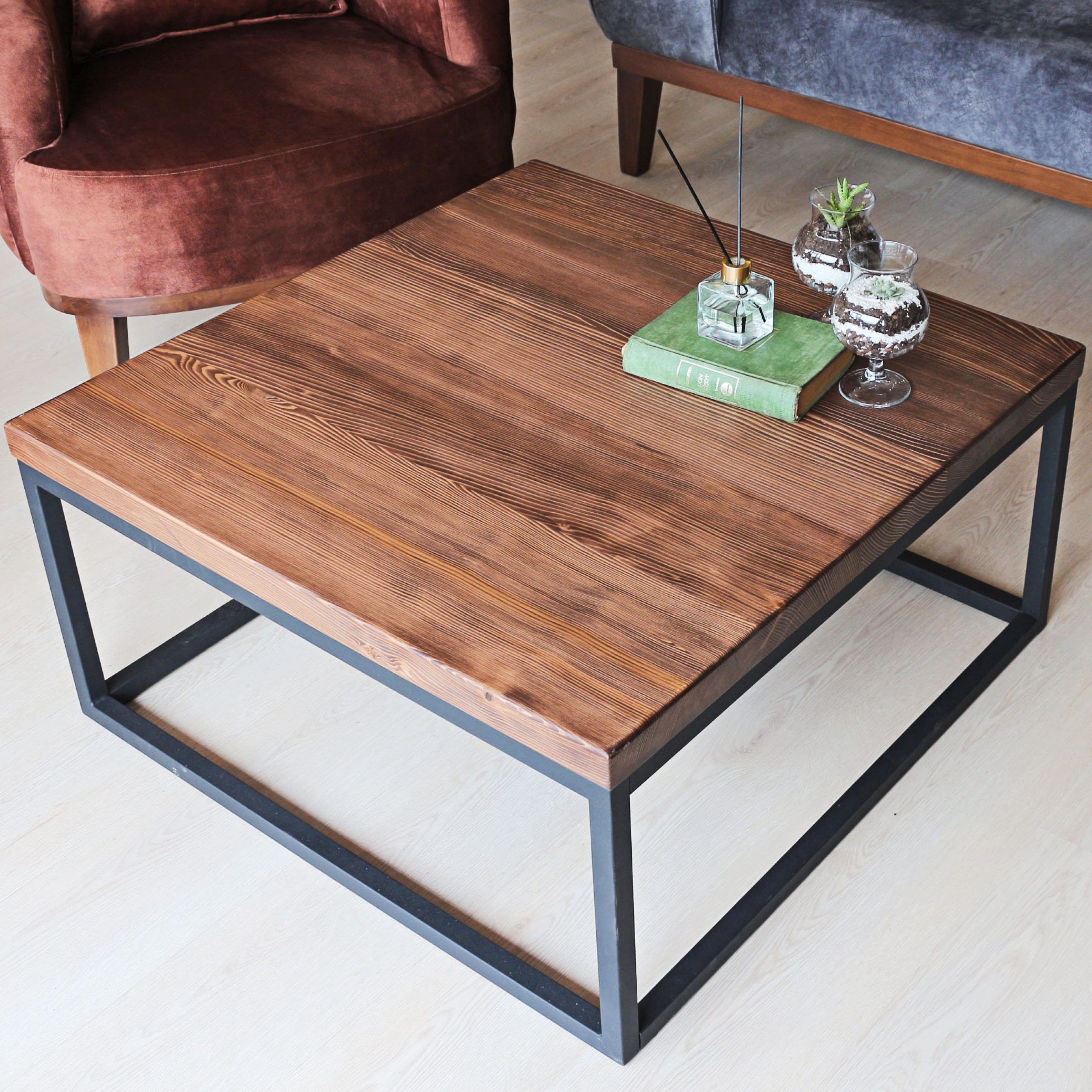 Solid Wood Square Coffee Table Cube Rustic Wood And Metal – Etsy Ireland Throughout Metal And Wood Coffee Tables (View 6 of 20)