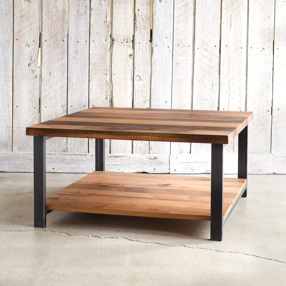 Square Coffee Table With Lower Shelf / Industrial Reclaimed – Etsy Within Coffee Tables With Shelf (View 14 of 20)