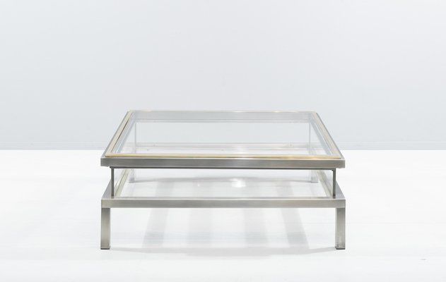 Square Hollywood Regency Coffee Table In Brass & Steel With Sliding Glass  Top From Maison Jansen En Vente Sur Pamono With Glass Top Coffee Tables (View 18 of 20)