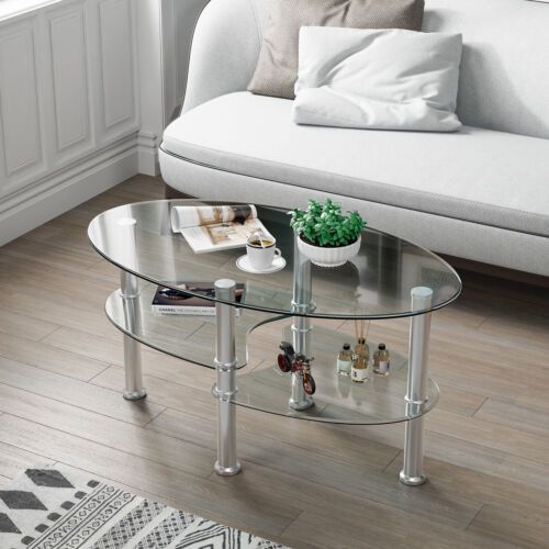 Tempered Glass Coffee Table 3 Tier Oval Modern Center Table W/ Open Shelf  Clear | Ebay For Glass Open Shelf Coffee Tables (View 7 of 20)