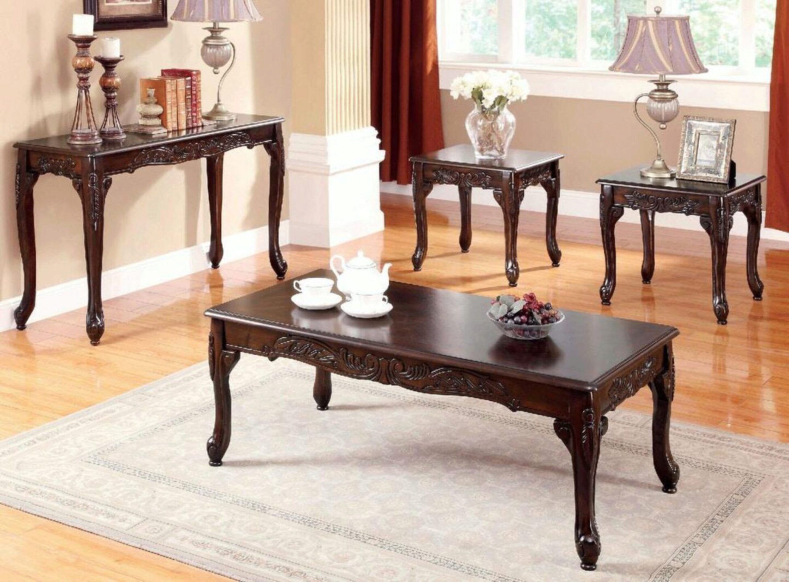 Traditional Dark Cherry Solid Wood Coffee Table Set 3pcs Furniture Of  America Cm4914 3pk Cheshire (cm4914 3pk) Throughout Dark Cherry Coffee Tables (View 9 of 20)