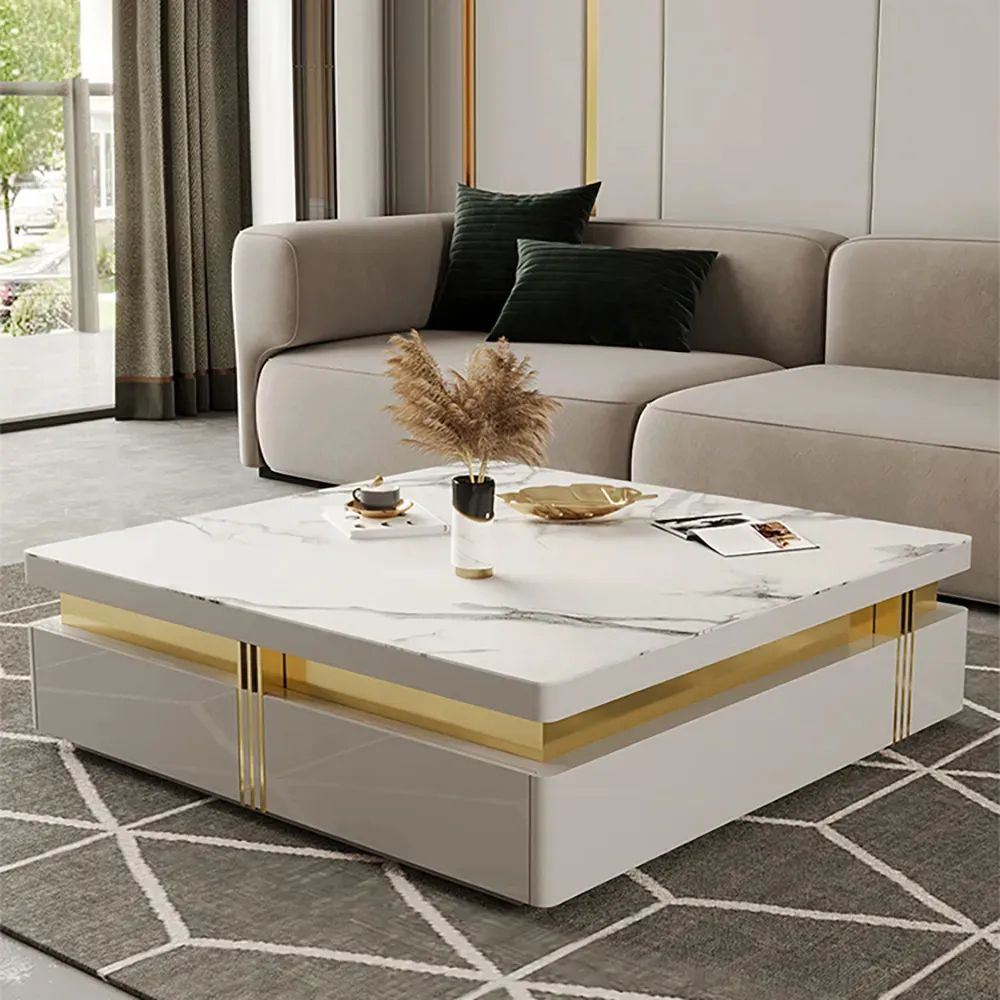 Trimied 1100mm Modern White Square Storage Coffee Table Stone Top With 4  Wood Drawers Homary Intended For Stone Top Coffee Tables (View 17 of 20)