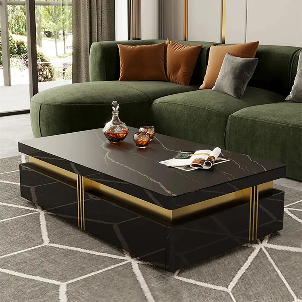 Trimied Modern Coffee Table With Storage In Black Center Table With  Stainless Steel Base Homary In Contemporary Coffee Tables With Shelf (View 5 of 20)