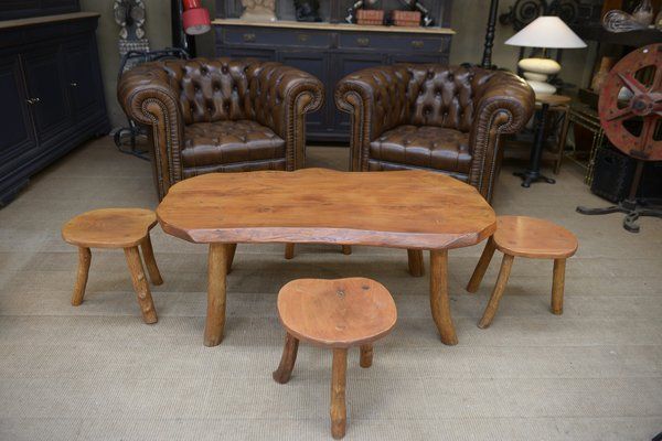Vintage Elm Coffee Table And Stools, 1960s, Set Of 5 For Sale At Pamono Throughout Old Elm Coffee Tables (View 17 of 20)