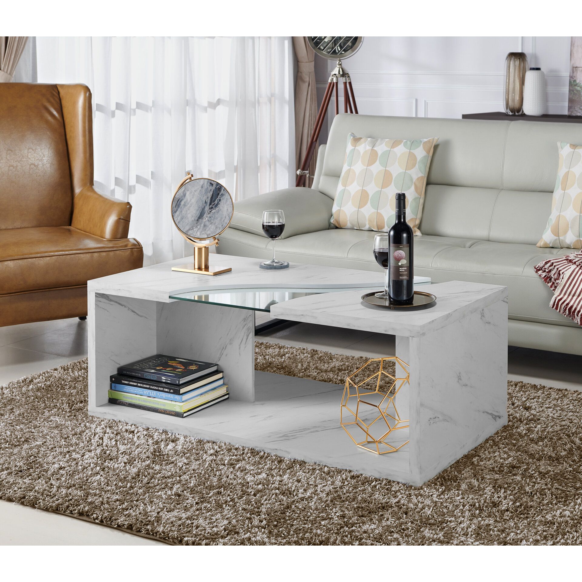 Wade Logan® Dunaway Floor Shelf Coffee Table With Storage & Reviews |  Wayfair With Regard To White Faux Marble Coffee Tables (View 6 of 20)