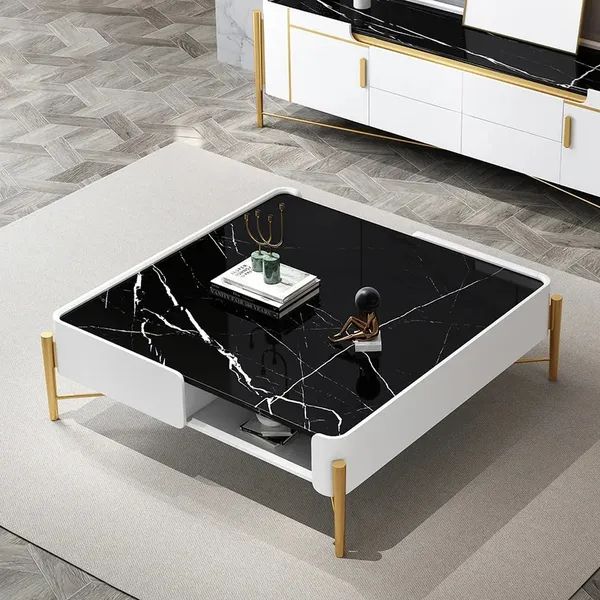 White And Black Faux Marble Square Coffee Table With Storage Gold Legs 2  Drawers And Open Shelves Homary With Regard To Open Shelf Coffee Tables (Gallery 20 of 20)