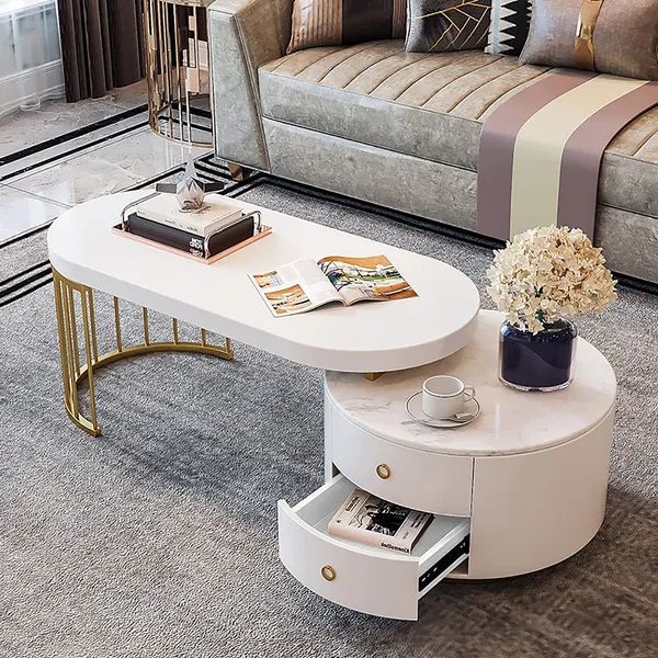 White Oval Expandable Faux Marble & Manufactured Wood Coffee Table Set With  2 Drawer Homary Inside Faux Wood Coffee Tables (View 20 of 20)