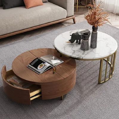 White&walnut Round Nesting Coffee Table With Storage Rotating Top In Rose  Gold Set Of 2 Homary In Rose Gold Coffee Tables (View 11 of 20)