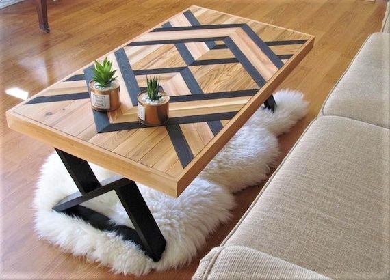 Wood Coffee Table Wood Chevron Geometric Black Table Boho – Etsy With Regard To Modern Geometric Coffee Tables (View 11 of 20)