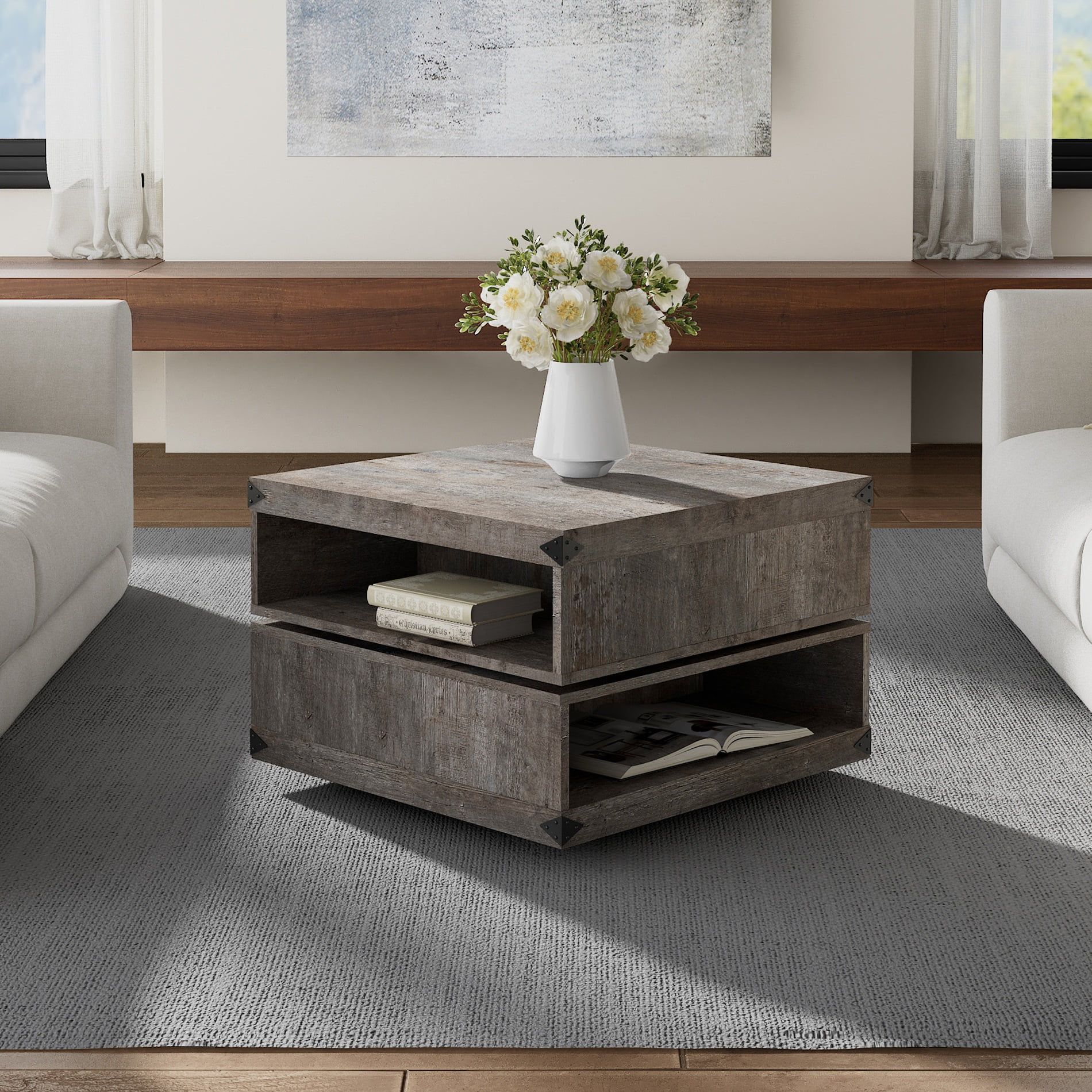 Wood Rotating Coffee Table For Living Room,rustic Gray – Walmart Regarding Wood Rotating Tray Coffee Tables (View 10 of 20)