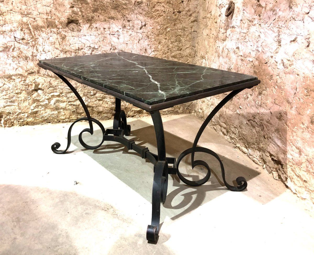Wrought Iron Coffee Table, 1940s Sea Green Marble Top – Low Table Inside Iron Coffee Tables (View 6 of 20)