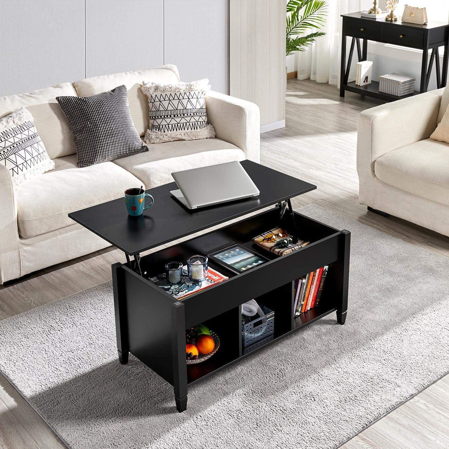 Zimtown Lift Top Coffee Table With Hidden Compartment Wooden Modern  Multifunctional Coffee Table Furniture, Black – Walmart Inside Coffee Tables With Compartment (View 13 of 20)