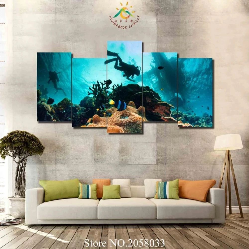 3 4 5 Pieces Diving Underwater Wall Art Paintings Wall Art Pictures Canvas  Picture For Living Room Printed Canvas Hd Painting – Painting & Calligraphy  – Aliexpress Within 2018 Underwater Wall Art (View 9 of 20)