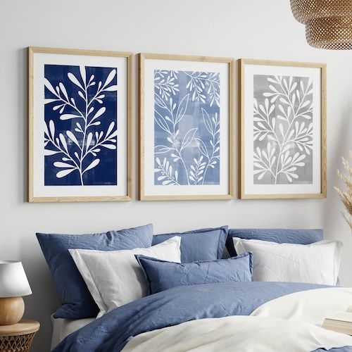 3pc Blue Leaf Prints Blue Wall Art Blue And Grey Wall Art – Etsy With Current Soft Blue Wall Art (View 12 of 20)