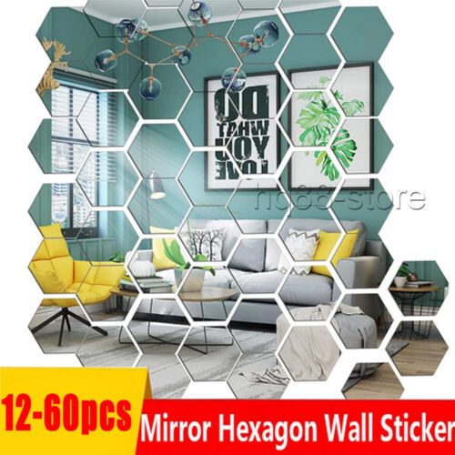60x 3d Hexagon Mirror Tiles Adesivi Da Parete Autoadesivo Decor Stick On Art  Home | Ebay With Newest Teal Hexagons Wall Art (View 12 of 20)