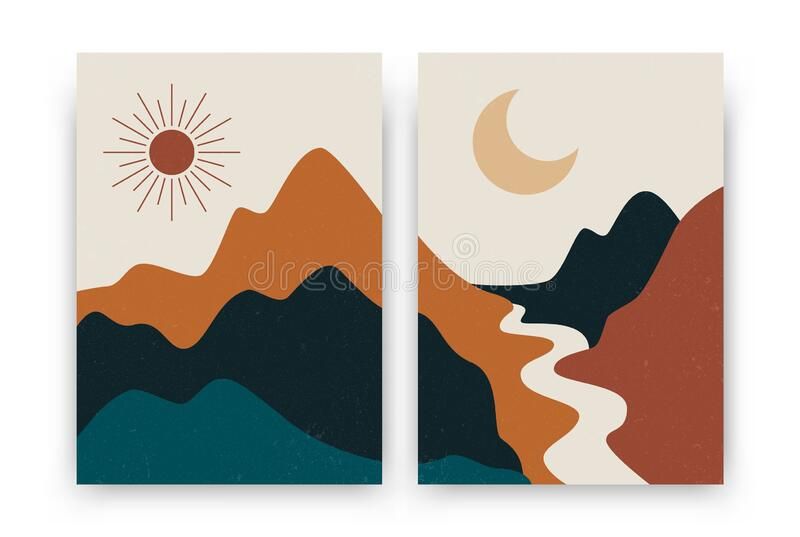 Abstract Contemporary Landscape Posters. Modern Boho Background Set With Sun  Moon Mountains, Minimalist Wall Decor (View 2 of 20)