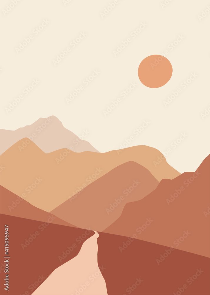 Abstract Landscape Illustration. Mountains, Sun, Moon, Sunset, Desert, Hills  Minimalist Design. Trendy Mid Century Art, Boho Home Decor, Wall Art (View 19 of 20)