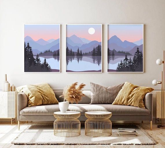 Abstract Mountain Lake Print Set Of 3 Blue Grey Peach – Etsy France Inside Most Popular Mountain Lake Wall Art (View 1 of 20)
