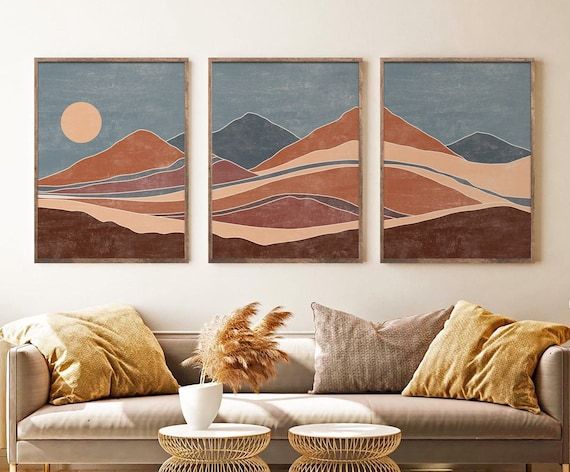 Abstract Mountain Print Set Of 3 Mid Century Modern Blue – Etsy Regarding Most Current Abstract Terracotta Landscape Wall Art (View 8 of 20)