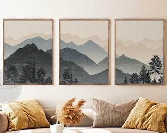 Abstract Mountain Print Set Of 3 Minimal Blue Mountain – Etsy Pertaining To 2017 Mountains Wall Art (View 1 of 20)