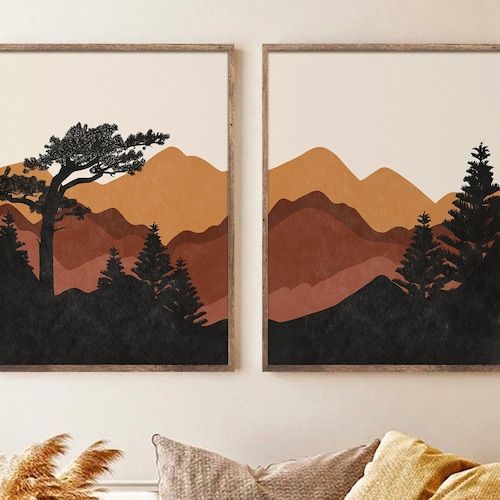 Abstract Mountain Wall Art Set Of 2 Prints Mid Century Modern – Etsy Denmark Throughout Most Recently Released Abstract Terracotta Landscape Wall Art (View 6 of 20)
