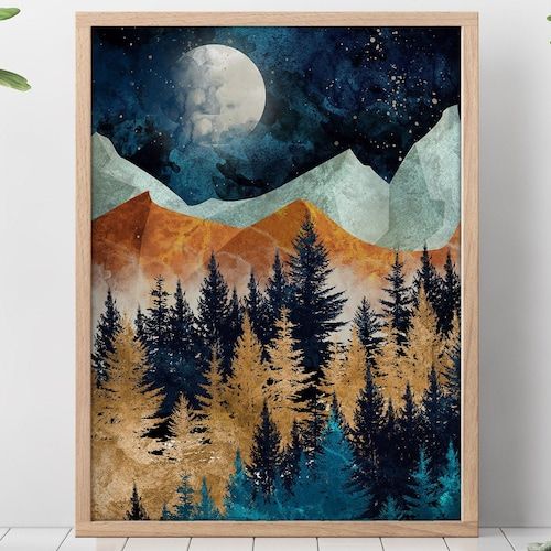 Abstract Night Time Landscape Art Mountains Wall Art Hills – Etsy In Current Mountains And Hills Wall Art (View 7 of 20)