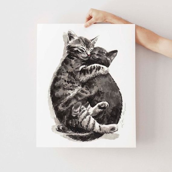 Art Print Kitty Hugs Cats Painting Cat Wall Decor Kitty Print – Etsy Within Newest Cats Wall Art (View 5 of 20)