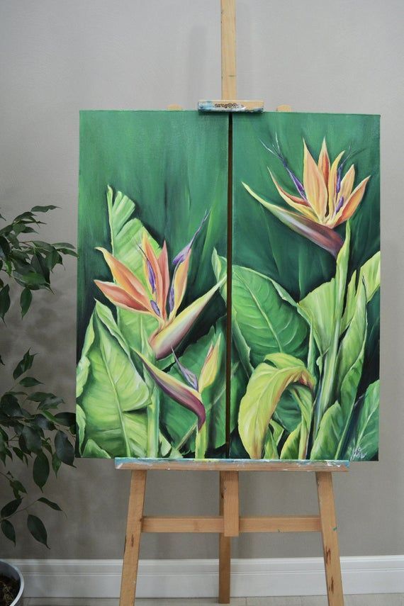 Bird Of Paradise Art|tropics Painting|tropical Foliage Large Yellow Green| Paradise Flower Original Oil Painting|strelitzia Art | ??????? ??????,  ???????, ??????????? Regarding Most Recently Released Tropical Paradise Wall Art (View 16 of 20)