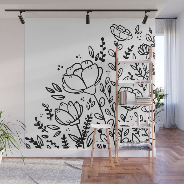Black And White Floral Drawing Wall Muralbigmomentsdesign | Society6 Intended For Latest Floral Illustration Wall Art (View 11 of 20)