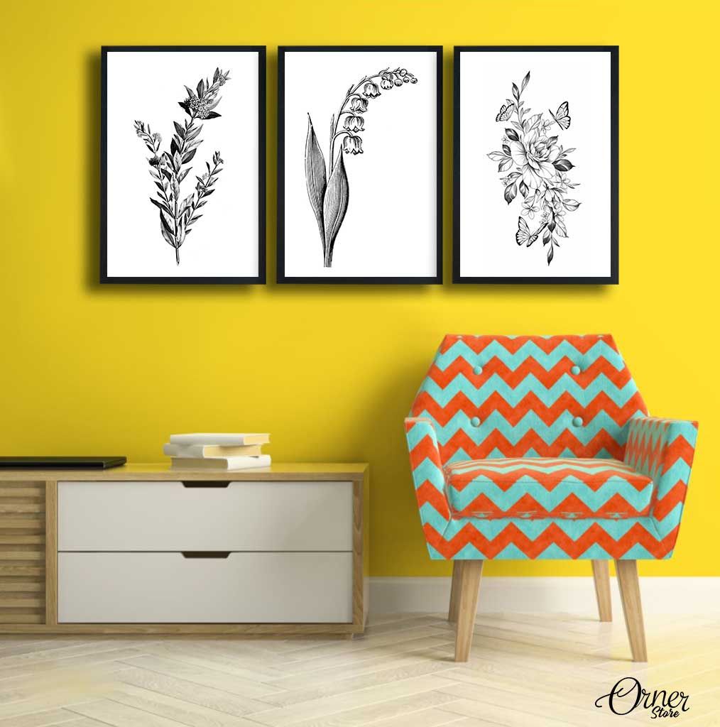 Black & White Floral Leaves Illustration | Set Of 3 | Floral Wall Art Within Most Recent Floral Illustration Wall Art (View 14 of 20)