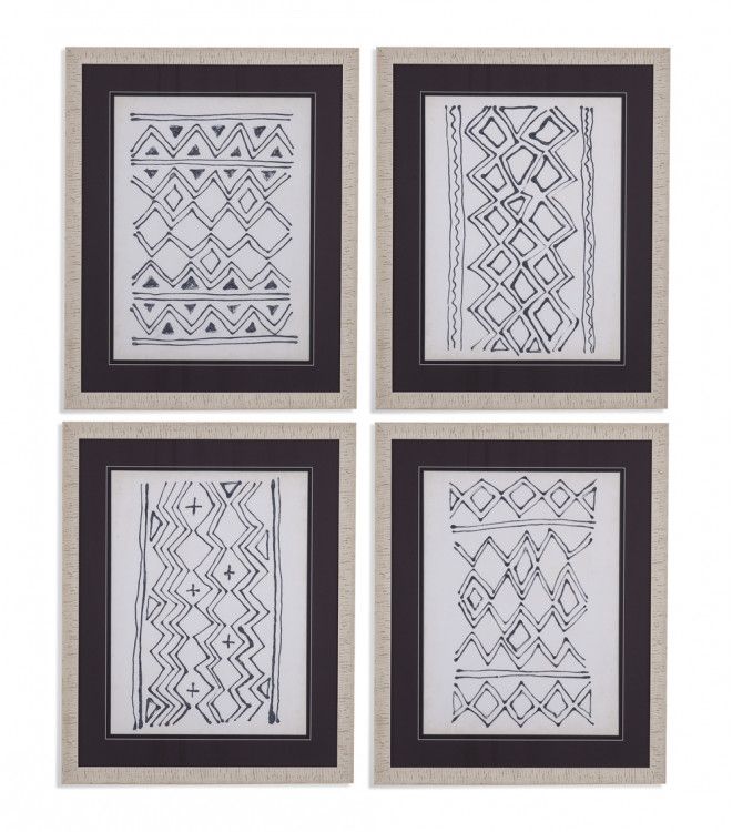 Black & White Tribal Design Framed Under Glass 4pc Wall Art With Recent Tribal Pattern Wall Art (View 11 of 20)