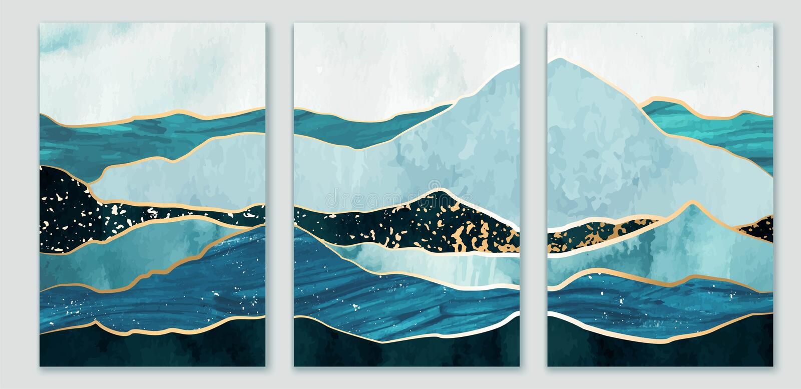Blue And Gold Mountain, Hills, Sea Wall Art Triptych (View 5 of 20)